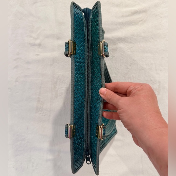 Vintage Woven Straw Tote Bag Colorblock Pink Teal Mustard Made in Italy - Picture 8 of 10